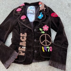 JoyStick Embroidered Corduroy Jacket – 70s Peace Boho – Brown – Medium